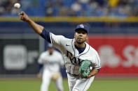 Tampa Bay Rays' Luis Patino pitches to the Seattle Mariners during the first inning of a baseball game Tuesday, Aug. 3, 2021, in St. Petersburg, Fla. (AP Photo/Chris O'Meara)