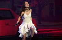 Olivia Rodrigo interpreta "drivers license" en la 64ta entrga anual de los premios Grammy, el domingo 3 de abril de 2022 en Las Vegas. (Foto AP/Chris Pizzello)