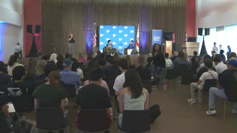 Candidates for the next California U.S. Senator gathered for a town hall at East L.A. College in Monterey Park to discuss gun violence and policy reform on Sept. 8, 2023. (KTLA)