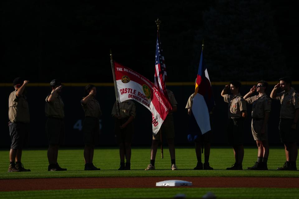 The Castle Rock Boys Scouts color guard in July, before the game between the San Diego Padres against the Colorado Rockies at Coors Field.