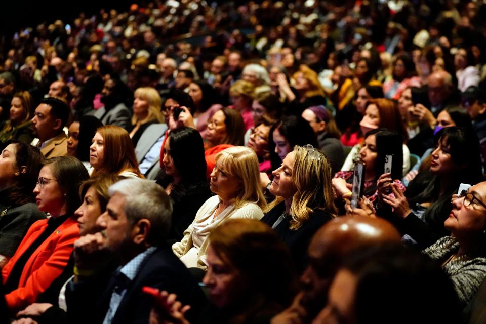 The crowd at Montclair State University listens to former U.S. Secretary of State Hillary Clinton (not pictured) deliver the keynote address during a women's history month event on Sunday, March 26, 2023.