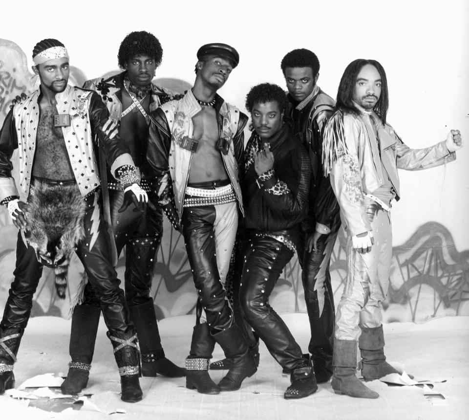Portriat of hip hop group Grandmaster Flash & the Furious Five, 1984. Pictured are, from left, Raheim (born Guy Williams), Kidd Creole (born Nathaniel Glover), Grandmaster Flash (born Joseph Saddler), Cowboy (born Robert Keith Wiggins), Scorpio (born Eddie Morris), and Melle Mel (right). (Photo by Anthony Barboza/Getty Images)
