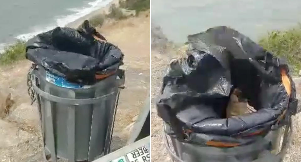 Brett Tait's main concern is the rubbish blowing into the ocean, due to the lack of lid on the bin. Source: Brett Tait/Facebook - Aussie Bin Fails