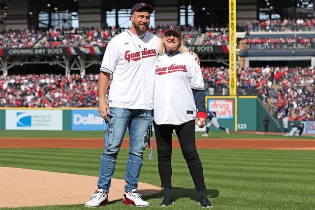 <p>Lauren Bacho/MLB Photos via Getty</p> Travis Kelce and Donna Kelce