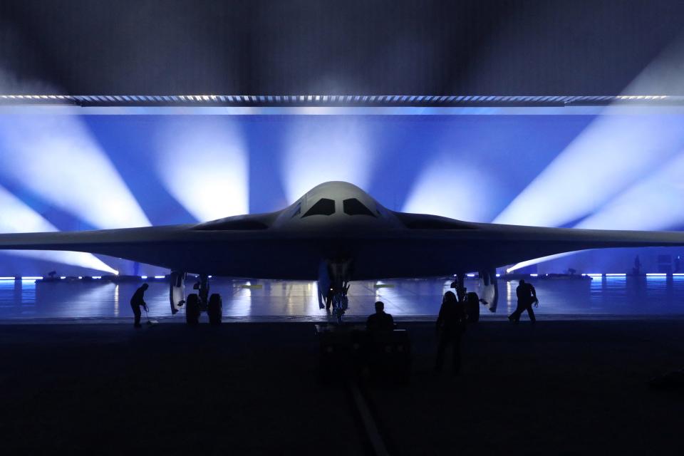 Northrop Grumman unveils the B-21 Raider during an event in Palmdale, California on Dec. 2, 2022.