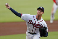 Atlanta Braves starting pitcher Mike Foltynewicz works in the first inning of a baseball game against the Los Angeles Dodgers, Saturday, Aug. 17, 2019, in Atlanta. (AP Photo/John Bazemore)