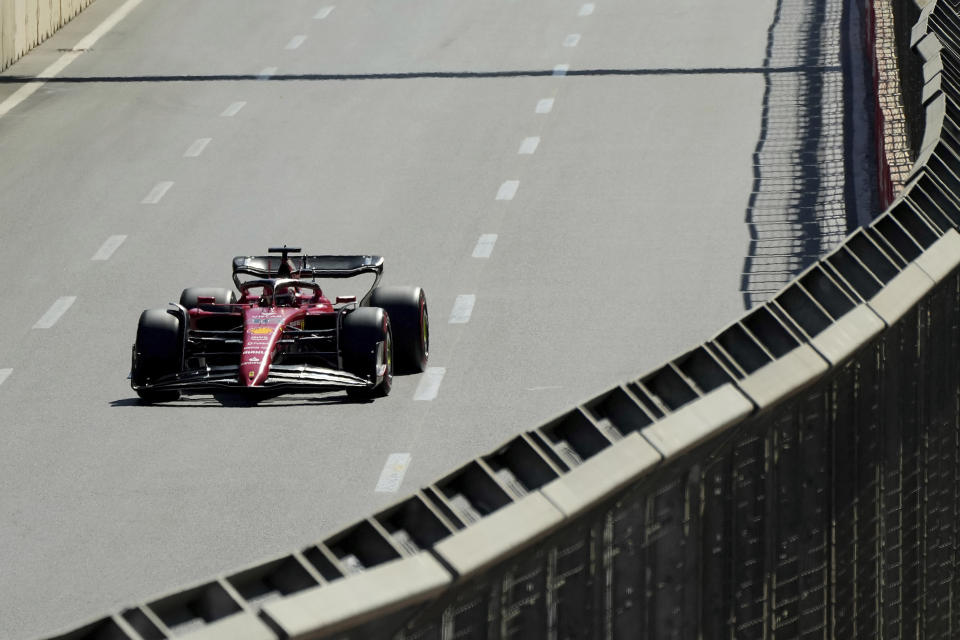 Ferrari driver Charles Leclerc of Monaco steers his car during the third free practice at the Baku circuit, in Baku, Azerbaijan, Saturday, June 11, 2022. The Formula One Grand Prix will be held on Sunday. (AP Photo/Sergei Grits)