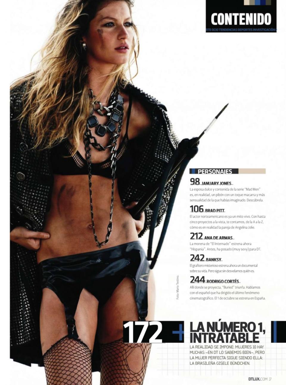 One of the most famous lingerie models of today would obviously still have a job in the desert desolate future. Even covered in dirt and carrying weaponry, Gisele Bündchen, in this shoot for “DT” by Mario Testino, she could go to combat and sell underwear in the process.