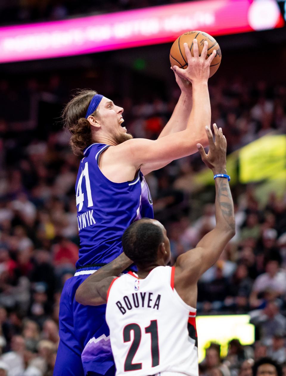 Utah Jazz forward Kelly Olynyk (41) goes up against Portland Trail Blazers guard Jamaree Bouyea (21) during the game at the Delta Center in Salt Lake City on Tuesday, Nov. 14, 2023. | Spenser Heaps, Deseret News