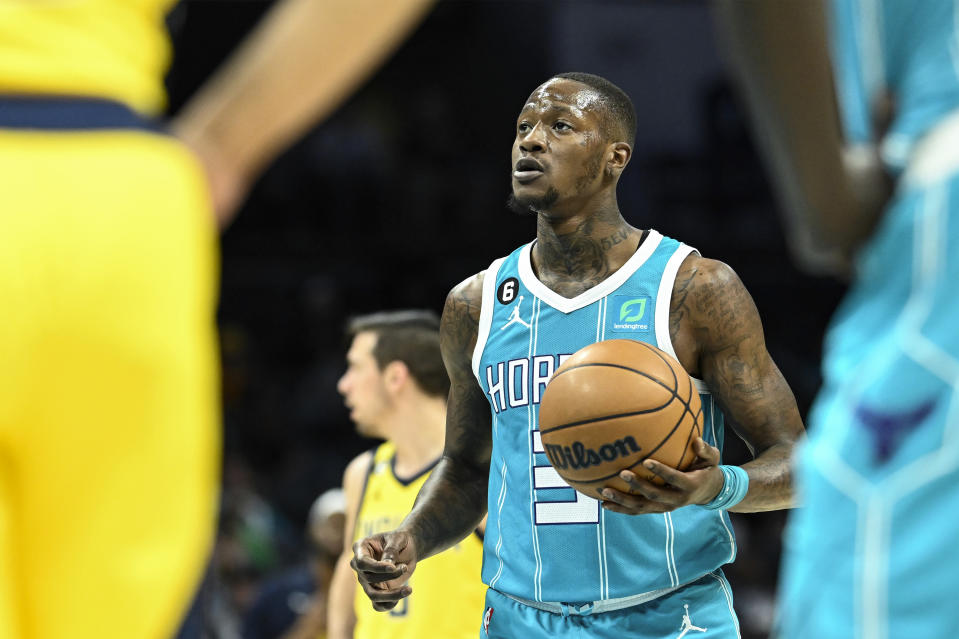 Charlotte Hornets guard Terry Rozier (3) prepares to shoot a free throw during the first half of an NBA basketball game against the Indiana Pacers, Monday, March 20, 2023, in Charlotte, N.C. (AP Photo/Matt Kelley)