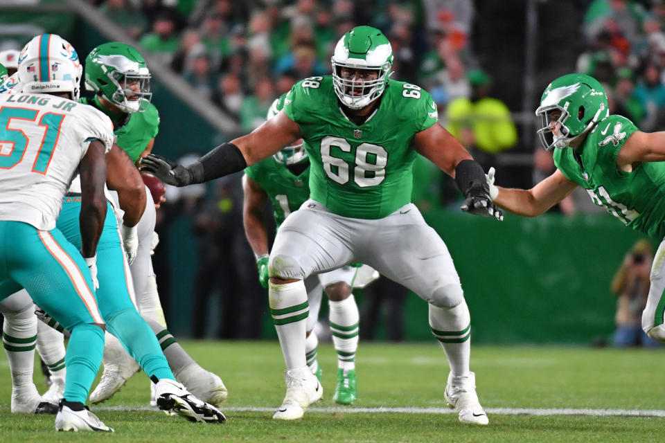 Oct 22, 2023; Philadelphia, Pennsylvania, USA; Philadelphia Eagles offensive tackle Jordan Mailata (68) against the Miami Dolphins at Lincoln Financial Field. Mandatory Credit: Eric Hartline-USA TODAY Sports