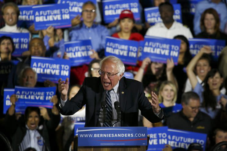 Senator Bernie Sanders speaks to his supporters at a campaign rally in Santa Monica, Calif., on June 7, 2016. (Photo by Marcus Yam/Los Angeles Times via Getty Images)