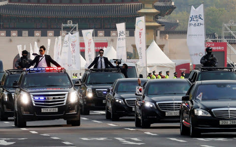 A convoy transporting South Korean President Moon Jae-in leaves the Presidential Blue House for the inter-Korean summit in Seoul - Credit: Reuters