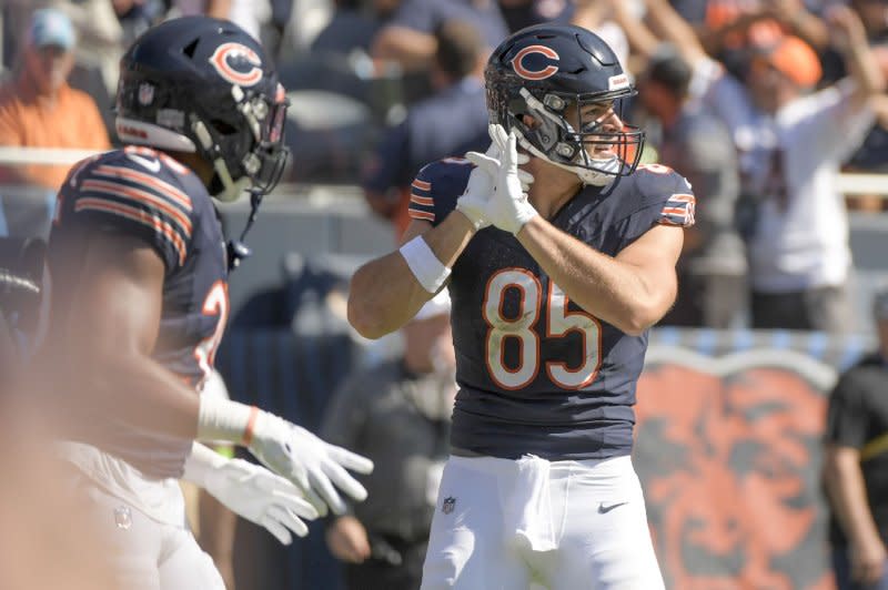 Chicago Bears tight end Cole Kmet (R) caught five passes for 45 yards in a win over the Carolina Panthers on Thursday in Chicago. File Photo by Mark Black/UPI