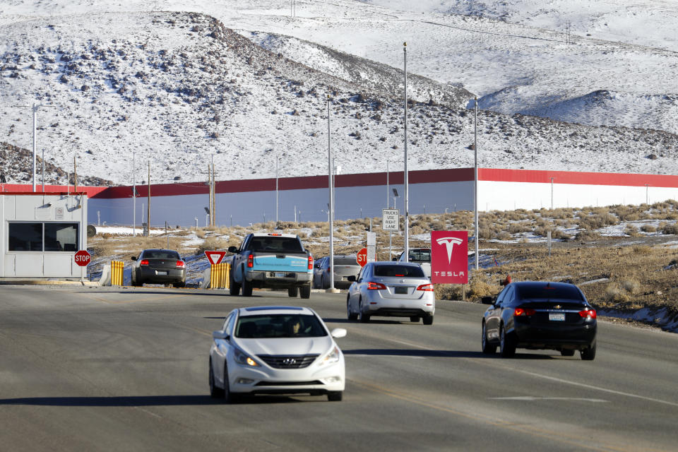 Sparks, NevadaJan. 31, 2023One of three entrances to the Tesla factory at the Tahoe-Reno Industrial Center, which is billed as the worlds largest industrial park, with 166 square miles, roughly the size of New Orleans or Denver. As new corporations and their workers move in, wildlife, like wild horse, big-horned sheep, and coyotes are being pushed out. (Carolyn Cole / Los Angeles Times via Getty Images)