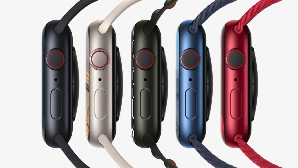 Five new colors – midnight, starlight, green, blue and red – are available for the aluminum case Apple Watch Series 7, which arrives in stores Oct. 15 and starts at $399 for the 41mm-sized model and $429 for the 45mm model.