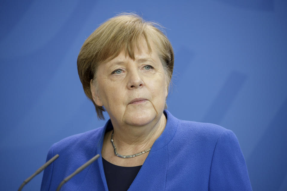 BERLIN, GERMANY - APRIL 20: Chancellor Angela Merkel, CDU, gives a statement and press conference after today's meeting of the Corona cabinet on March 20, 2020 in Berlin, Germany. (Photo by Thomas Imo/Photothek via Getty Images)