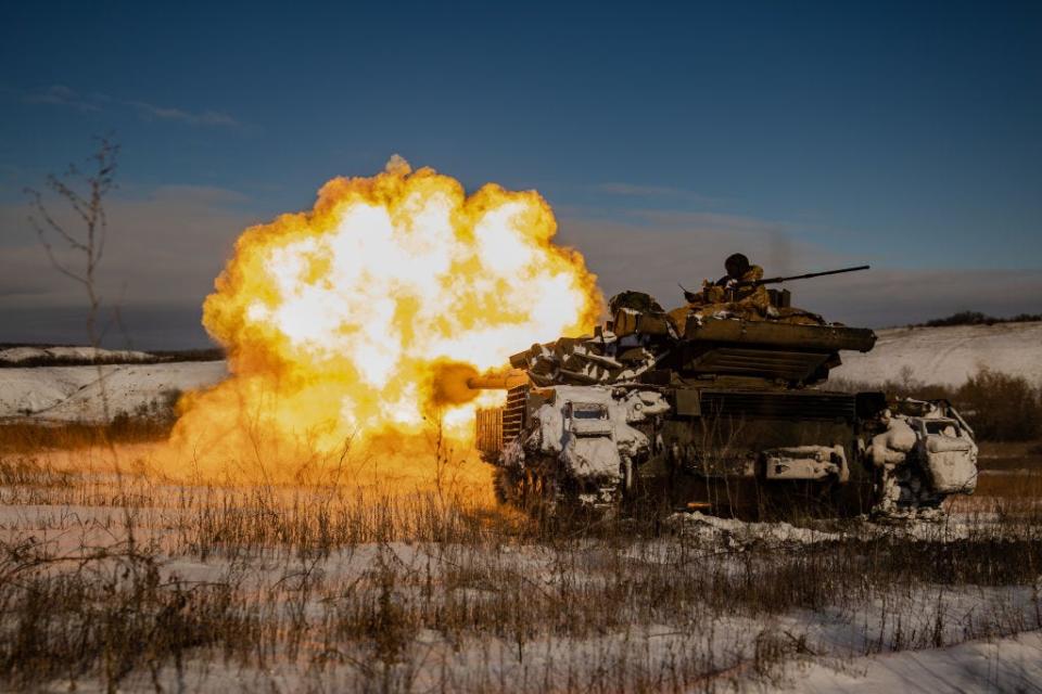 Ukrainian tank crews T64 battle tank fires on the Russian troops position on January 9, 2024, in Donetsk Oblast, Ukraine.