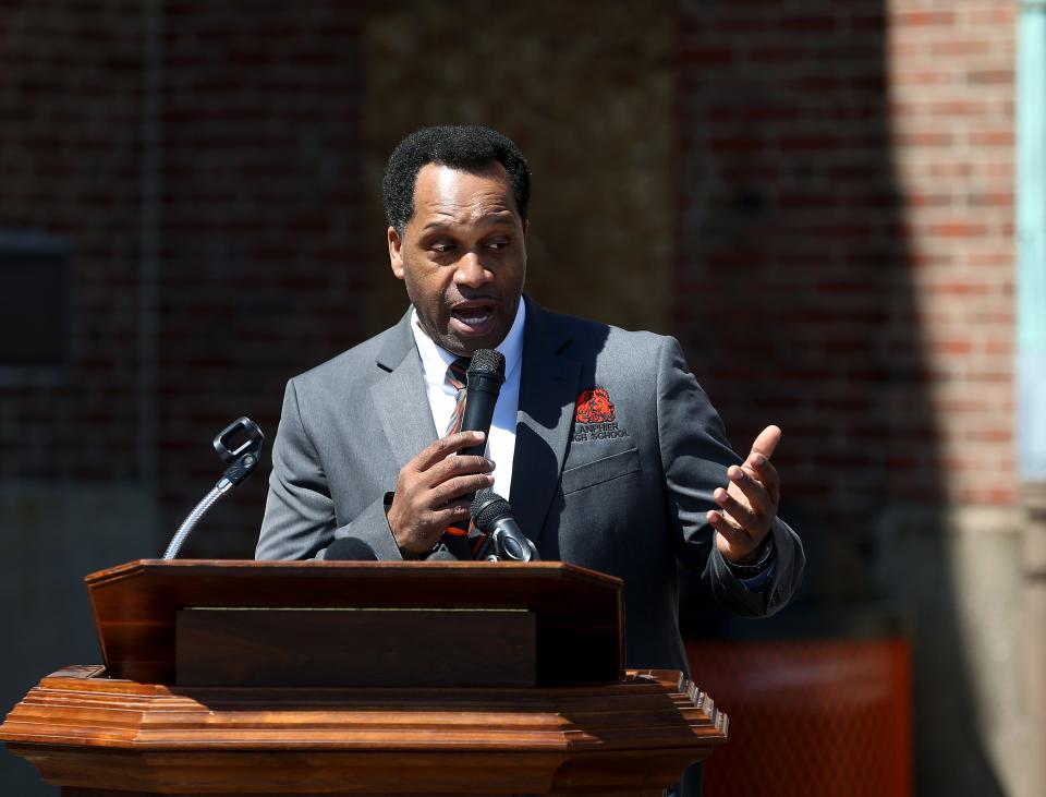  Lanphier High School Principal Artie Doss speaks at the groundbreaking ceremony at the school Thursday April 14, 2022. [Thomas J. Turney/ The State Register-Journal]