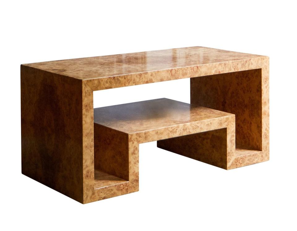 a rectangular burr wood coffee table