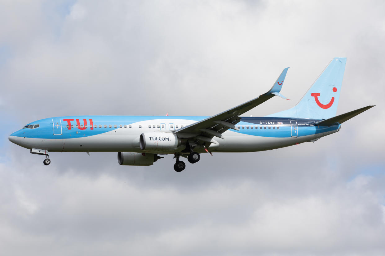 A TUI Airways Boeing 737 lands at Newcastle Airport, England on 6th May as the airline ramps up training flights in preparation for the lifitng of international travel restrictions. (Photo by Robert Smith/MI News/NurPhoto via Getty Images)