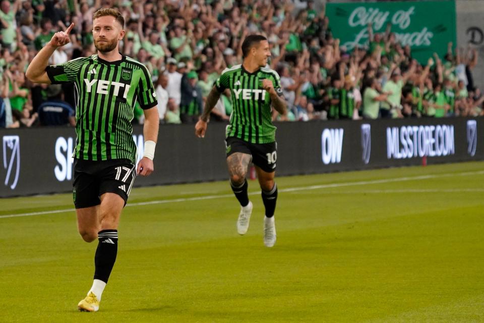 Austin FC forward Jon Gallagher celebrates his goal against the Colorado Rapids on March 25 at Q2 Stadium — the last time El Tree has scored in a match. Austin FC will take a 355-minute drought into Saturday's home match with San Jose.