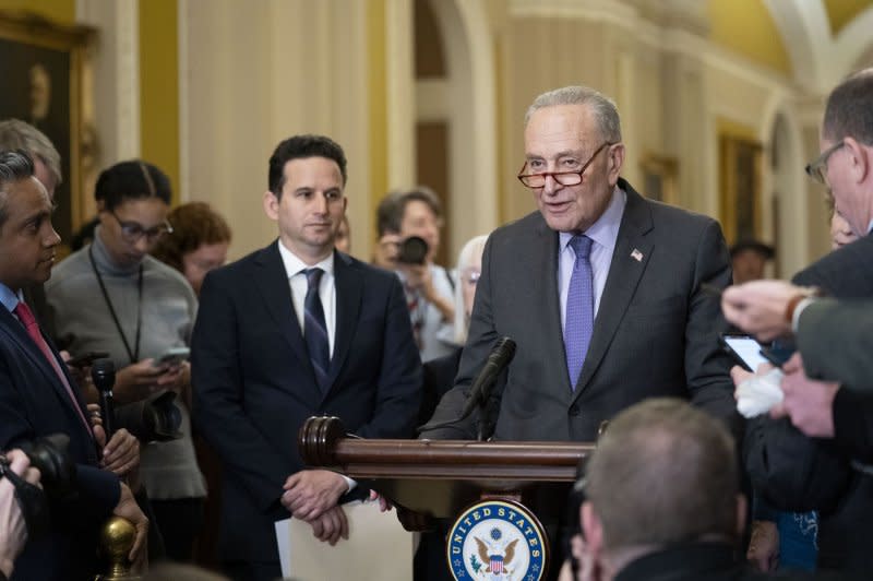 Senate Majority Leader Chuck Schumer, D-NY (pictured in March after a weekly Senate caucus luncheon at the U.S Capitol), on Wednesday voted along with other Democratic senators to dismiss both articles of impeachment against Homeland Security Secretary Alejandro Mayorkas, calling the charges "nakedly partisan." Photo by Bonnie Cash/UPI