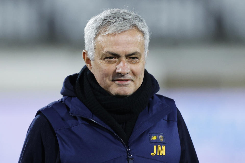 LA SPEZIA, ITALY - JANUARY 22: Jose Mourinho Head Coach of AS Roma looks on during the Serie A match between Spezia Calcio and AS Roma at Stadio Alberto Picco on January 22, 2023 in La Spezia, Italy. (Photo by Matteo Ciambelli/DeFodi Images via Getty Images)