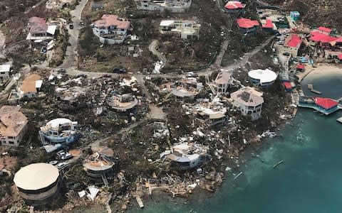 storm damage in the aftermath of Hurricane Irma in Virgin Gorda's Leverick Bay in the British Virgin Islands - Credit: Caribbean Buzz Helicopters/AP