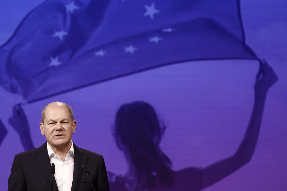 German Chancellor Olaf Scholz (SPD) speaks on the second day of the Congress of European Socialists PES in Berlin, Germany, Saturday, Oct.15, 2022. (Carsten Koall/dpa via AP)