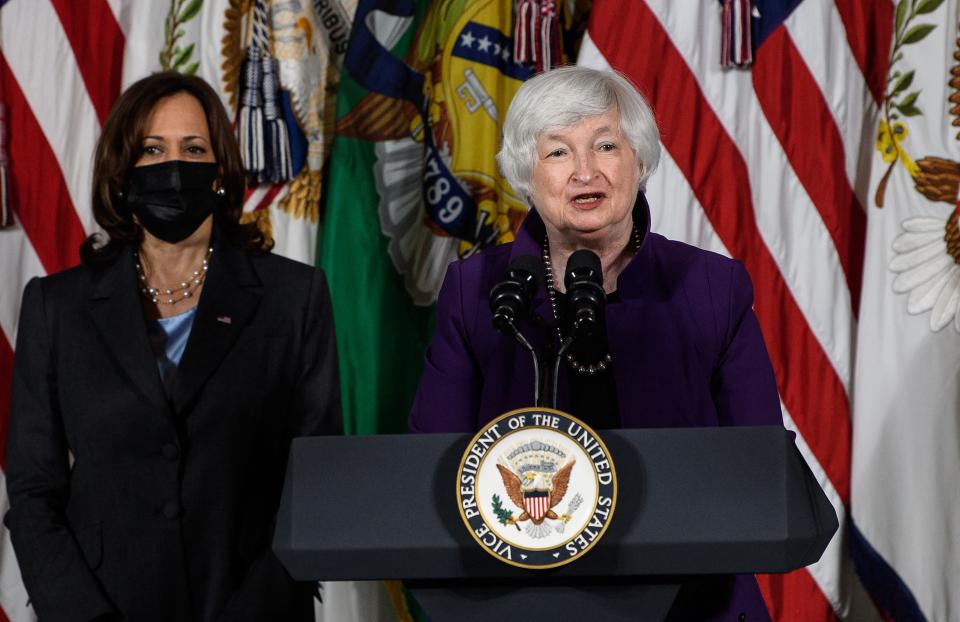 US Treasury Secretary Janet Yellen, with Vice President Kamala Harris, speak about childcare at the Treasury Department in Washington, DC, on September 15, 2021. (Photo by Nicholas Kamm / AFP) (Photo by NICHOLAS KAMM/AFP via Getty Images)