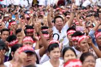 People who support the amending of Myanmar's constitution gather at a rally in Yangon