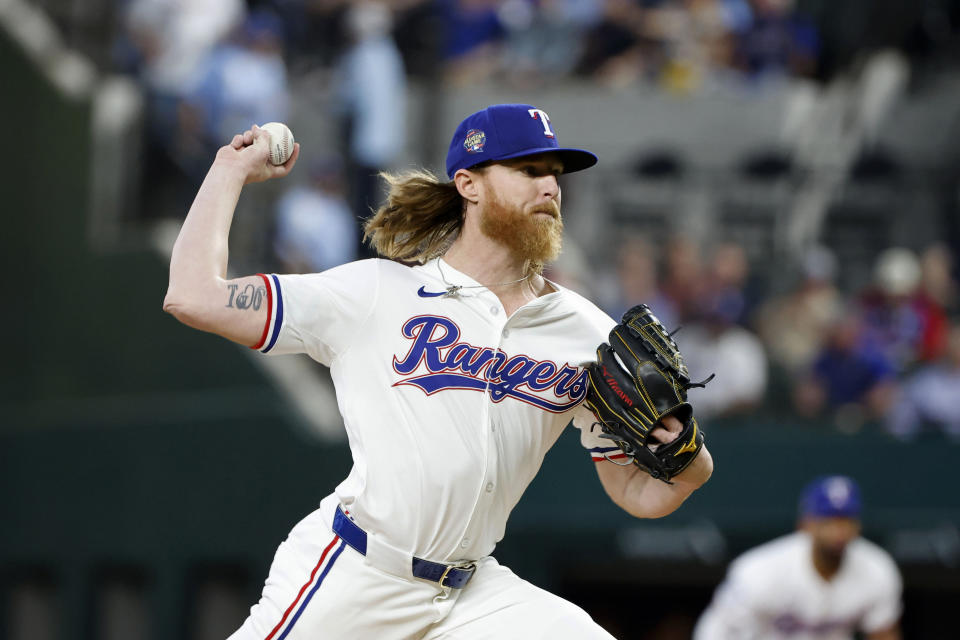 Texas Rangers pitcher Jon Gray throws during the first inning of a baseball game against the Oakland Athletics Thursday, April 11, 2024, in Arlington, Texas. (AP Photo/Michael Ainsworth)