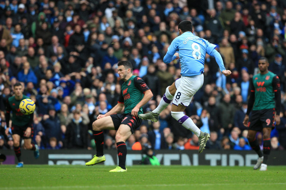 MANCHESTER, ENGLAND - OCTOBER 26: Ilkay Gundogan of Manchester City scores his team's third goal during the Premier League match between Manchester City and Aston Villa at Etihad Stadium on October 26, 2019 in Manchester, United Kingdom. (Photo by Tom Flathers/Manchester City FC via Getty Images)