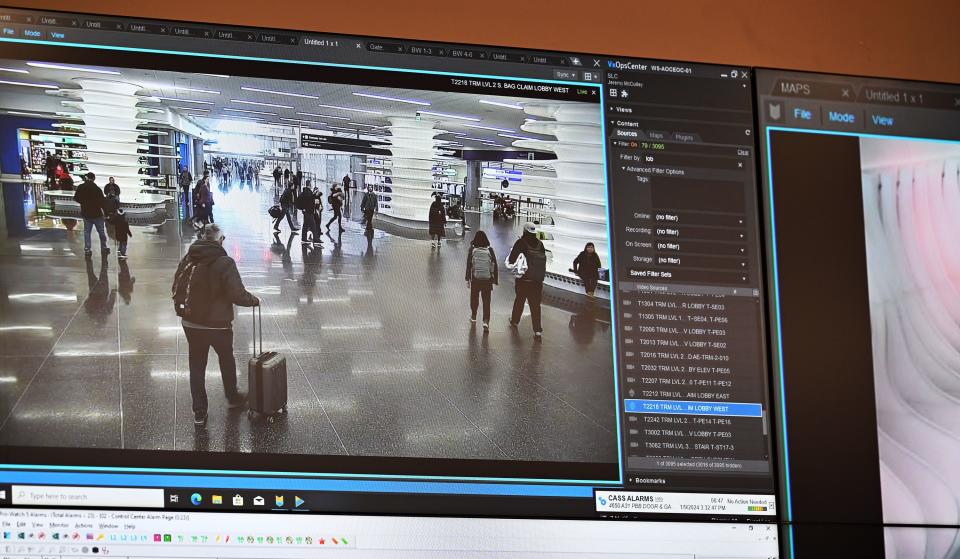 One of the 3,000 cameras that shows passengers moving about the airport at the Salt Lake City International Airport on Tuesday, Jan. 9, 2024. | Scott G Winterton, Deseret News