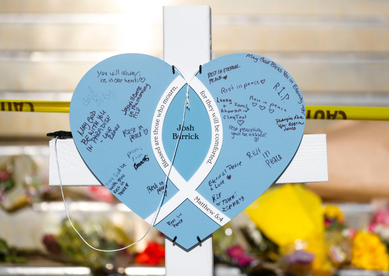 One of the five crosses with hearts for victims of the Old National Bank mass shooting -- Josh Barrick, Tommy Elliott, Jim Tutt Jr., Juliana Farmer, Deana Eckert -- at the steps of the Old National Bank on April 12, 2023. The five bank employees were killed in a mass shooting two days earlier on April 10 in downtown Louisville, Kentucky.