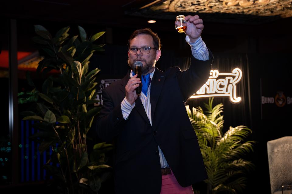 Bourbon authority Fred Minnick raises a glass at his signature Big Game Bourbon event, held Feb. 7 this year at The Foundation Room in Mandalay Bay in Las Vegas.