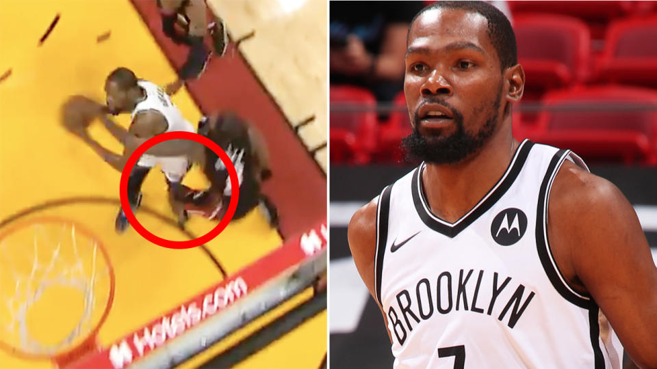 Kevin Durant left the Brooklyn Nets' clash with the Miami Heat after colliding with defender Trevor Ariza in the first quarter. Durant recently recovered from a hamstring strain that sidelined him for 23 games. Pictures: ESPN/Getty Images