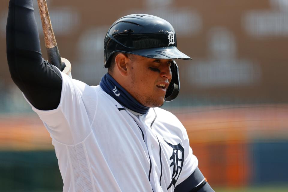 Detroit Tigers first baseman Miguel Cabrera gets set to bat in the first inning against the Cleveland Indians at Comerica Park, Saturday, April 3, 2021.