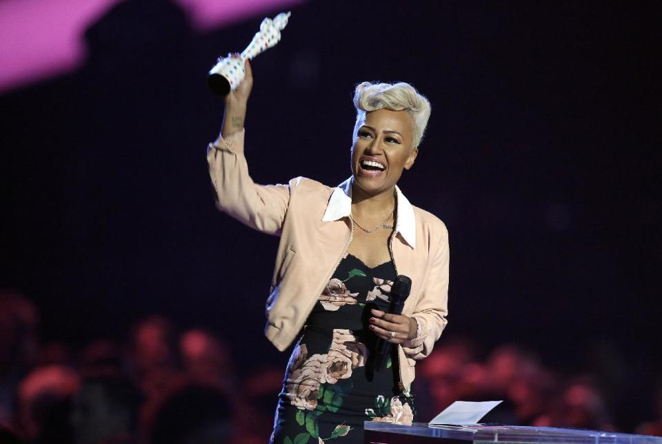 Emeli Sande seen on stage after winning the British Album of the Year award during the BRIT Awards 2013 at the o2 Arena in London on Wednesday, Feb. 20, 2013. (Photo by Joel Ryan/Invision/AP)