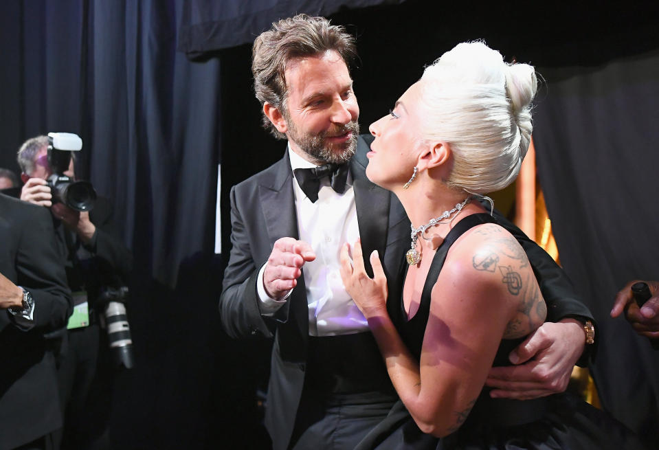 HOLLYWOOD, CA - FEBRUARY 24:  In this handout provided by A.M.P.A.S., Bradley Cooper and Lady Gaga pose backstage during the 91st Annual Academy Awards at the Dolby Theatre on February 24, 2019 in Hollywood, California.  (Photo by Matt Petit - Handout/A.M.P.A.S. via Getty Images)