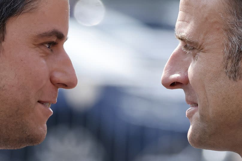 French Prime Minister Gabriel Attal, left, and French President Emmanuel Macron