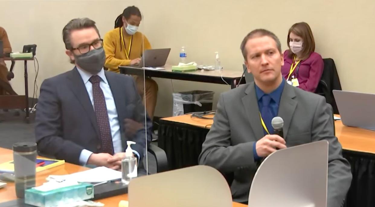 Defense attorney Eric Nelson (left) looks on as Derek Chauvin (right) tells Judge Peter Cahill on April 15 that he is invoking his Fifth Amendment right against self-incrimination and will not testify in his trial. (Photo: Hennepin County)