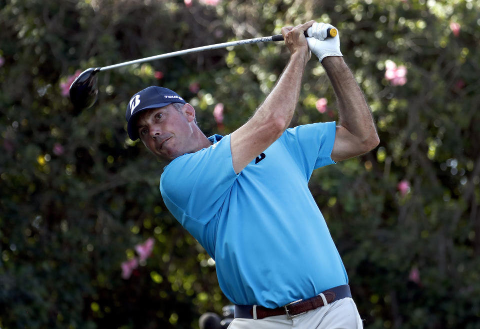 Matt Kuchar hits his shot from the ninth tee during the first round of the Sony Open PGA Tour golf event, Thursday, Jan. 10, 2019, at the Waialae Country Club in Honolulu, Hawaii. (AP Photo/Matt York)