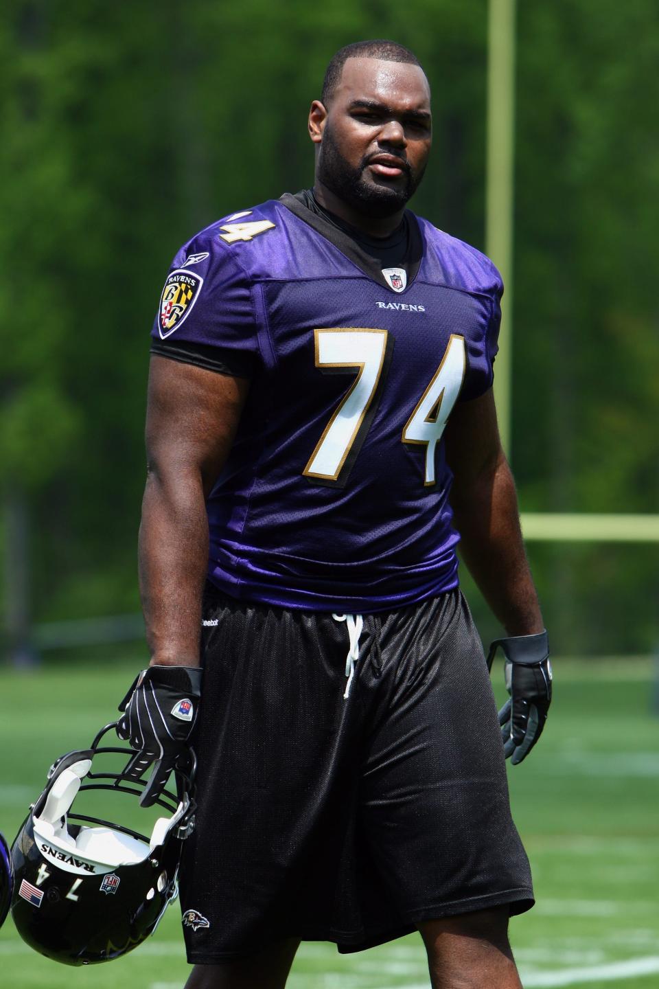 Michael Oher in a Baltimore Ravens jersey.