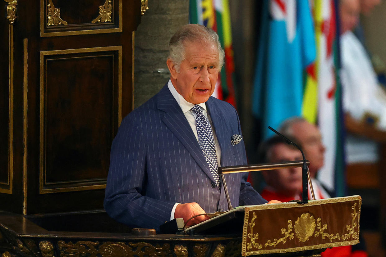 LONDON, ENGLAND - MARCH 13: King Charles III delivers his Commonwealth Day message as he attends the annual Commonwealth Day Service at Westminster Abbey on March 13, 2023 in London, England. (Photo by Hannah McKay - WPA Pool/Getty images)