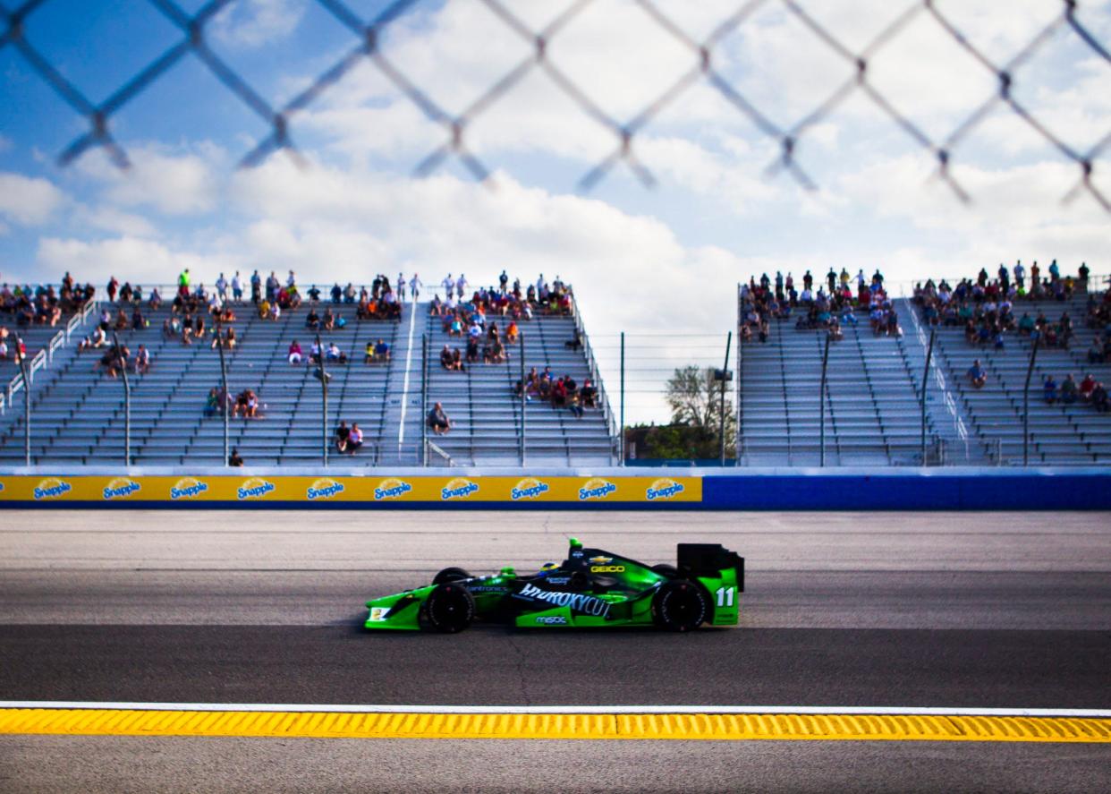 Sebastien Bourdais comes around the Milwaukee Mile's first turn in 2015. The most recent IndyCar race at the track, which will host the series for a 2024 Labor Day weekend doubleheader.