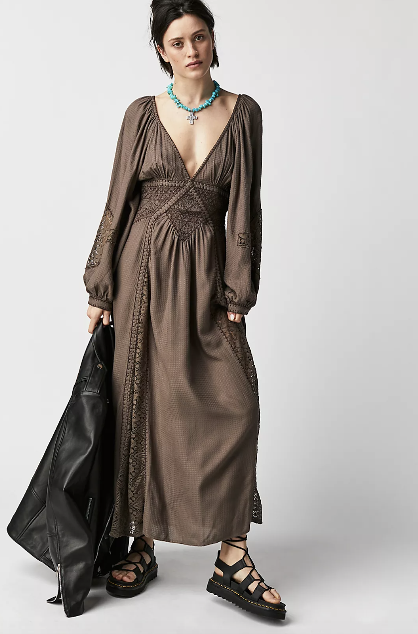 model wearing platform black sandals, brown long sleeve maxi dress with v-neck, Southwest Lace Maxi Dress (Photo via Free People)