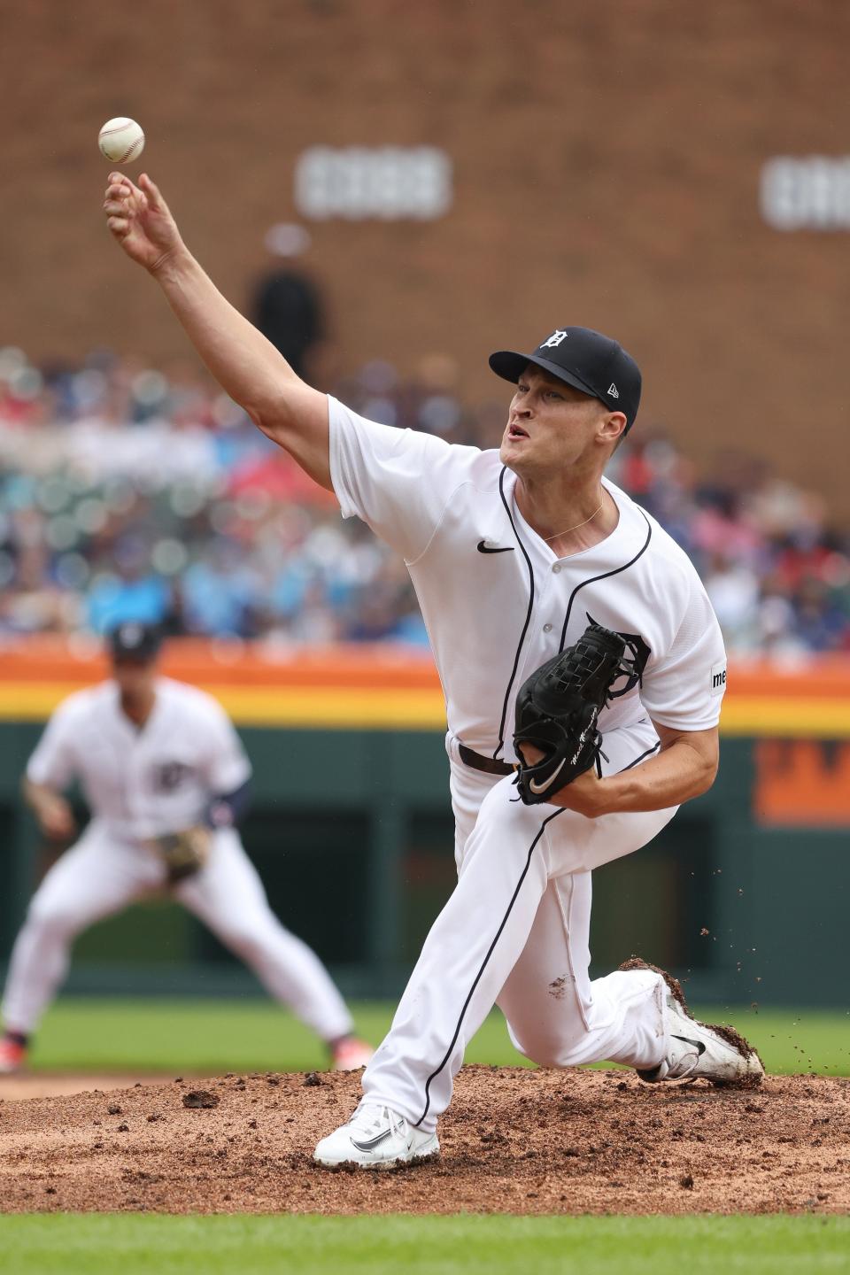 Matt Manning #25 of the Detroit Tigers throws a second inning pitch against the Toronto Blue Jays at Comerica Park on July 8, 2023 in Detroit, Michigan