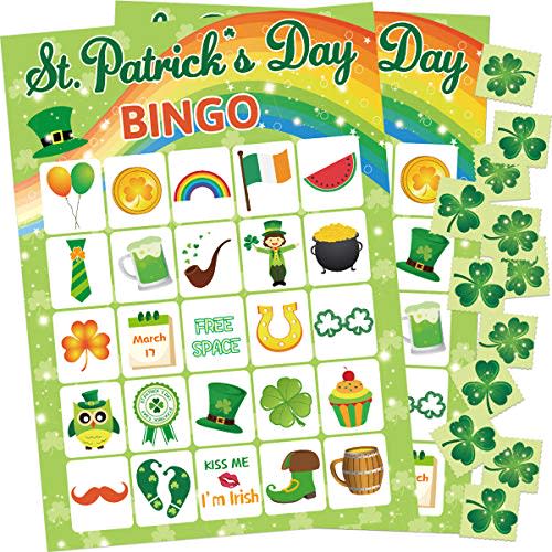 FANCY LAND St.Patrick’s Day Bingo Game for Kids 24 Players Green Shamrock Party Game Supplies